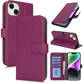 Zouzt Leather Wallet Case for iPhone 14/13, 4 Card Slot, Rose Purple | Genuine Leather, Card Holder, Shockproof TPU Shell, Magnetic Closure, Protective Flip Folio Phone Cover, For Women Men