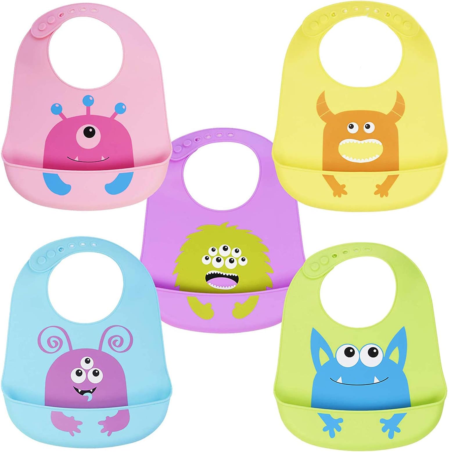 Chuckle - 5 Adjustable BPA Free Soft Silicone Baby Bibs With Deep Crumb Catcher