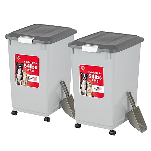 IRIS USA Dog Food Storage Container 50 lbs, 2-Pack with Wheels, Airtight Lid, 2-Cup Scoop, Double Pet Food Storage, Built in Scoop Storage in Lid, Versatile Pet Food Bin, Portable, Gray/Dark Gray