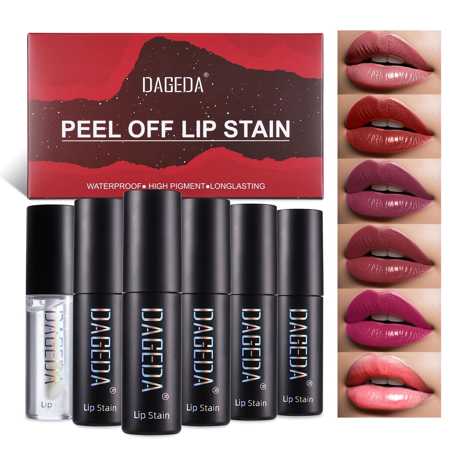Photo 1 of DAGEDA 5 Colors Peel Off Lip Stain Set,Tattoo Lip Stain Tint with Moisturizing Lip Oil, Highly Pigmented,Waterproof Long-lasting Peel Off Lip Liner Stain,Matte Finish Lip Makeup