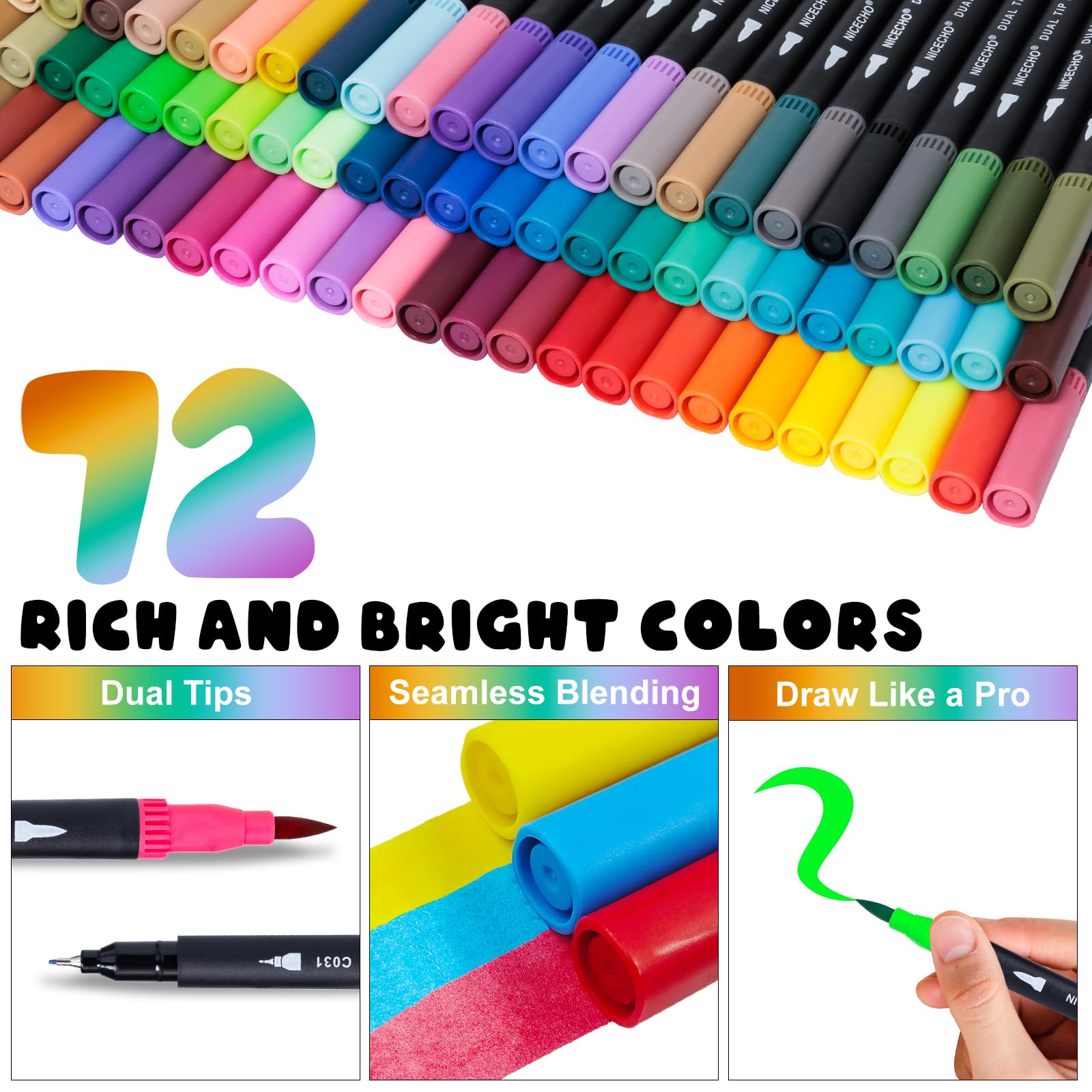 Nicecho 72 Colors Dual Tip Art Markers Pens for Adult Coloring Books, Brush and Fine Tip Coloring Marker for Drawing Journaling Note Taking Lettering
