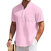 COOFANDY Men's Cotton Linen Henley Shirt Short Sleeve Hippie Casual Beach T-Shirts with Pocket
