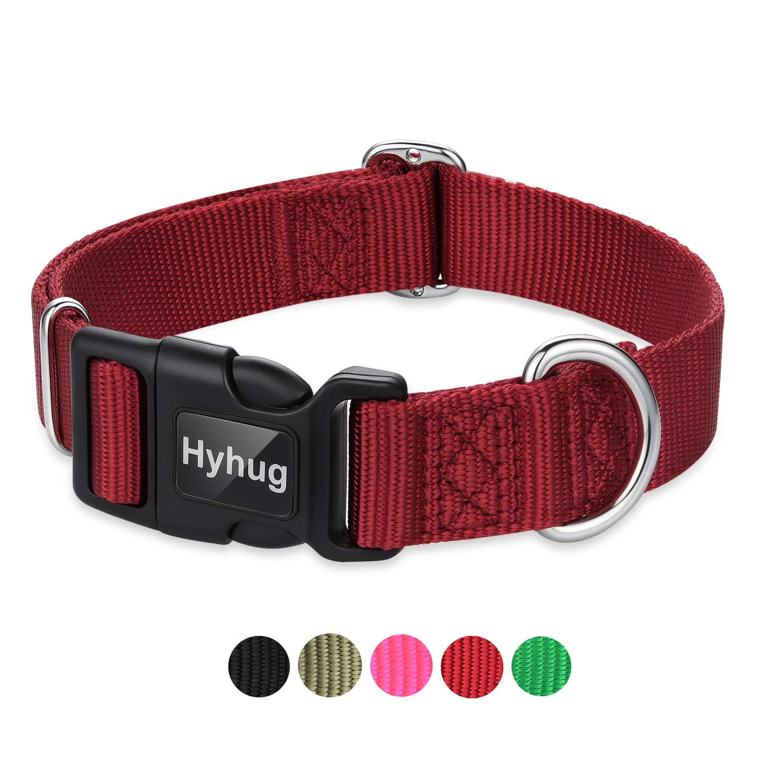 Hyhug Design Classic Basic Nylon Dog Collar, Can Install Dog Tag (Small, Dark Red)