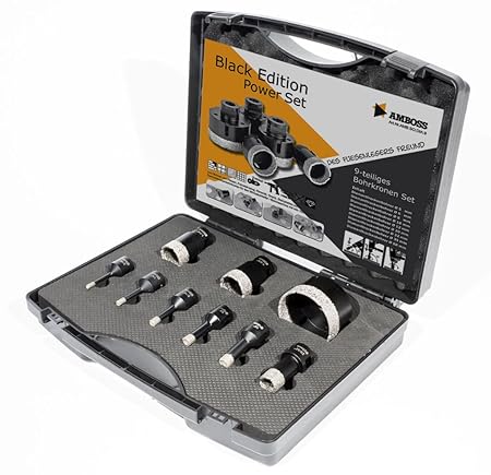 Amboss - Diamant Fliesenbohrer-/Bohrkronen - Set 9 tlg. (Ø 5-68 mm) Premium Black Edition | M14 für Winkelschleifer | Fliesen