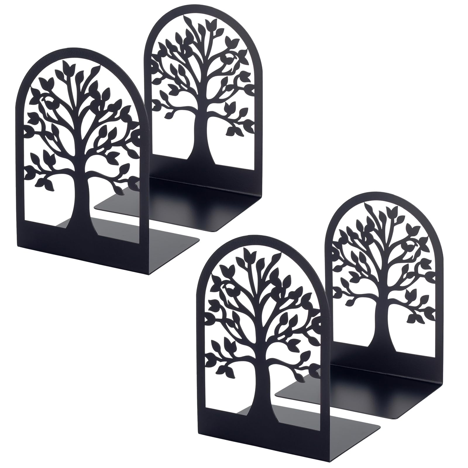 Metal Book Ends, Heavy Duty Bookends, 2 Pairs Black Book End Holder for Shelves, Decorative Tree Unique Design Book Stand Stoppers Supports for Home Office Library Bookshelf Heavy Books
