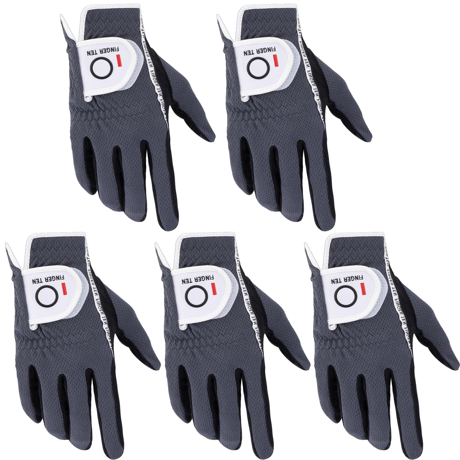 FINGER TEN Golf Gloves Men Left Hand Right Rain Grip Weathersof Value 5 Pack,Mens Golf Glove Wear Resistant Non Slip All Weather Soft Durable (Grey, Medium, Right)