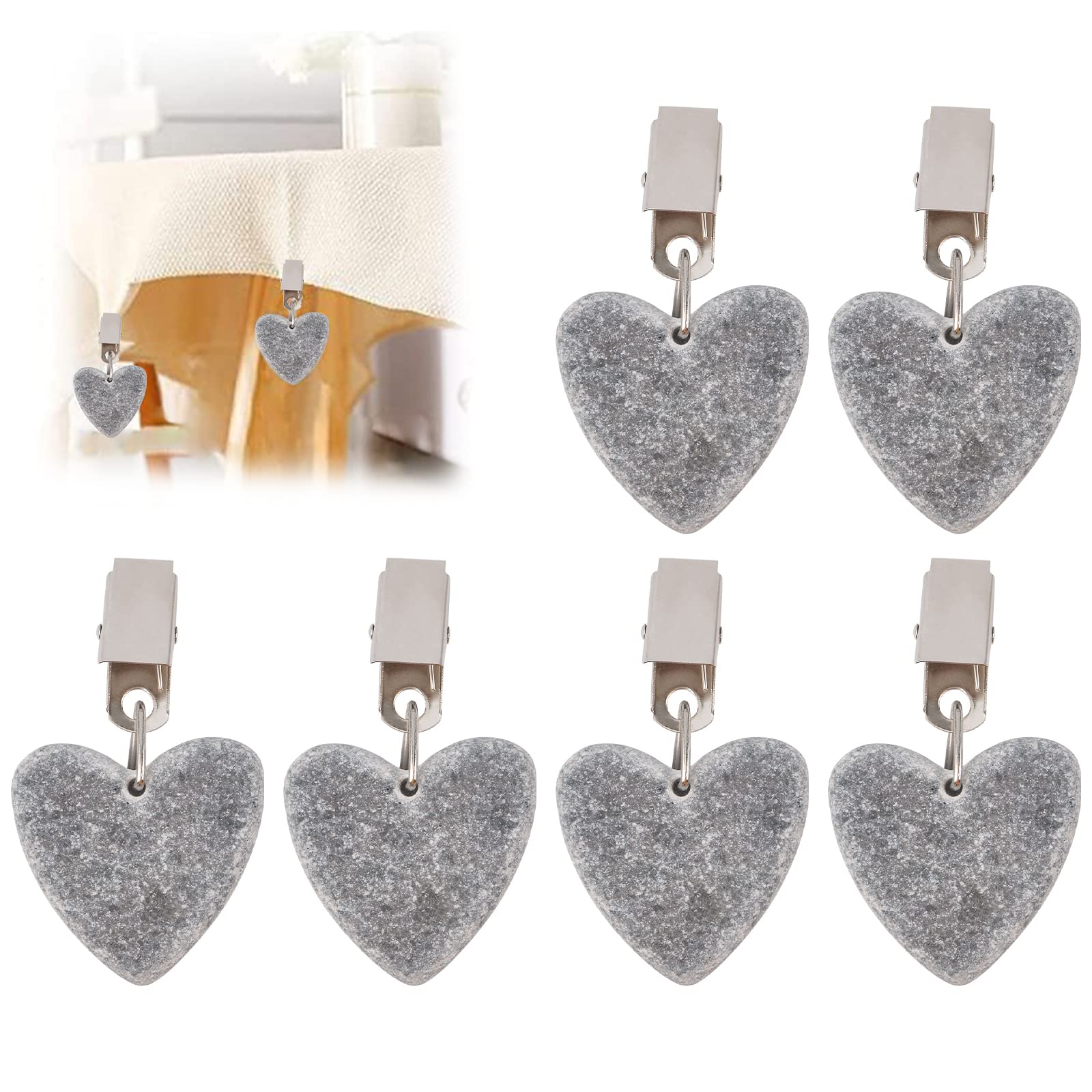 MOROBOR Tablecloth Weights Clips, 6 PCS Tablecloth Weights Heart Shape Stone Tablecloth Weights Metal Clip for Outdoor Picnic Family Dinner Table Decoration (Gray, Smooth Surface)