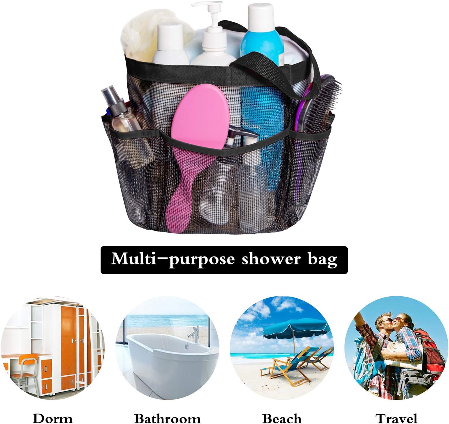 Attmu Mesh Shower Caddy, Quick Dry Tote Bag Oxford Hanging Toiletry and Bath Organizer with 8 Storage Compartments for Shampoo, Conditioner, Soap and Other Bathroom Accessories, Black: Home & Kitchen