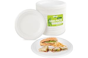 Eco-Craze (1000 Count) (6-Inch) Bagasse Round Disposable Plates, Sugarcane Fiber Compostable Bulk Paper Plates for Party, Bio