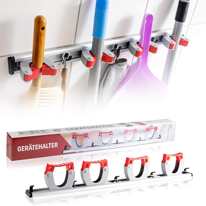 Broom Holder Wall with 4 Holders and 5 Hooks (45 cm) I Robust Device