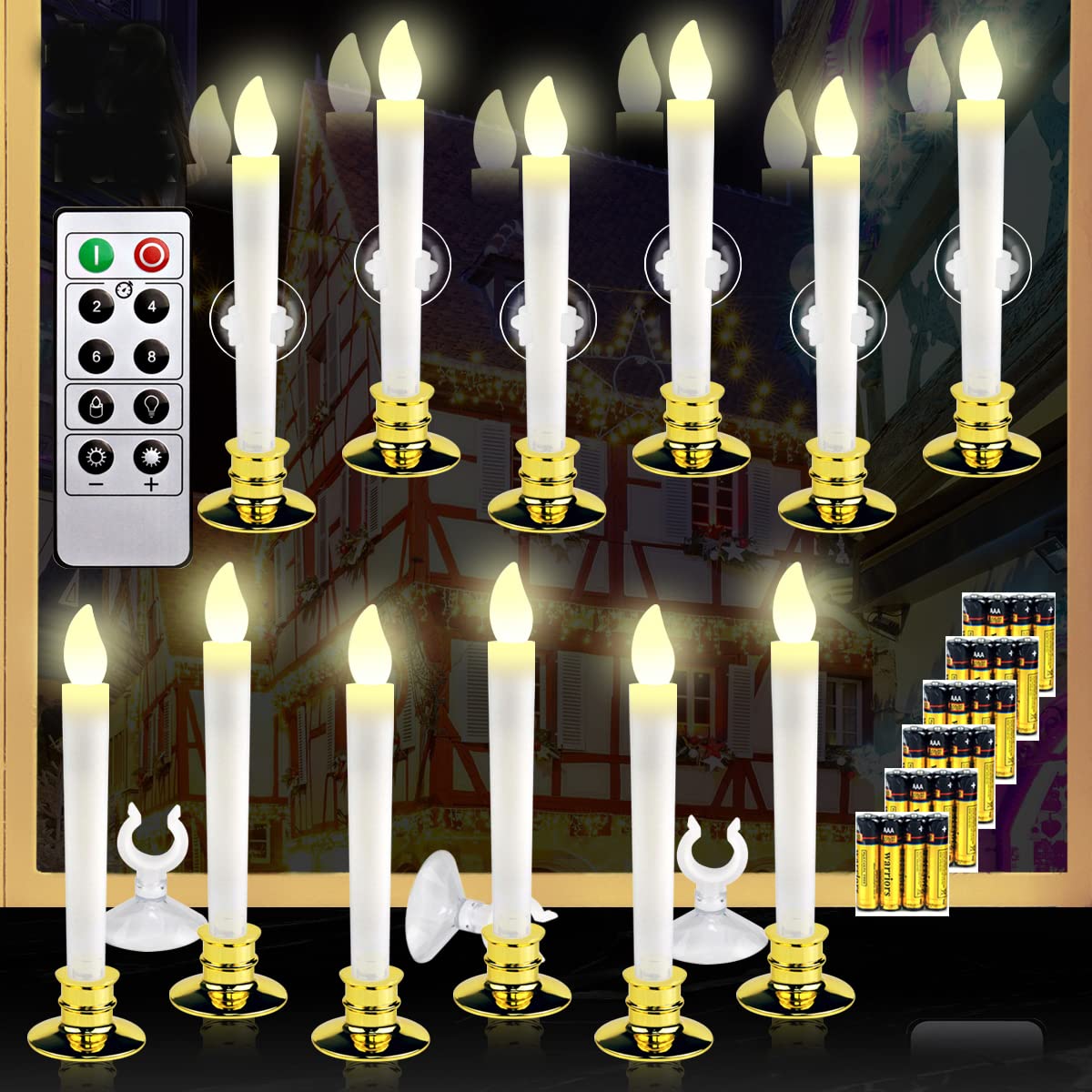 Photo 1 of 12 Set Halloween Christmas Window Candles Lights with Timer Battery Operated Electric LED Taper Candles Flameless for Windows, Gold Candle Holders, Suction Cups & 24 PCS Battery Included (12 Set)