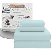 SUPREME ELEGANCE 4 Pcs 100% Organic Cotton Queen Sheet Set, Pale Aqua, 300 Thread Count, Percale Weave, Cotton Bedding, Deep Pocket Fitted Sheet, Cooling, Crisp & Breathable, Hotel Style Bed Sheets