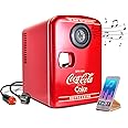 Coca-Cola Bluetooth Mini Fridge with Speaker 4L Portable Cooler/Warmer for Home Car RV Iconic Red Design Holds 6 Cans Dual Power Thermoelectric Technology Perfect for Travel and Parties