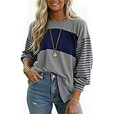 NILOINE Womens Oversized Striped Shirts Long Sleeve Pullover Tops Crew Neck Color Block Casual Blouses