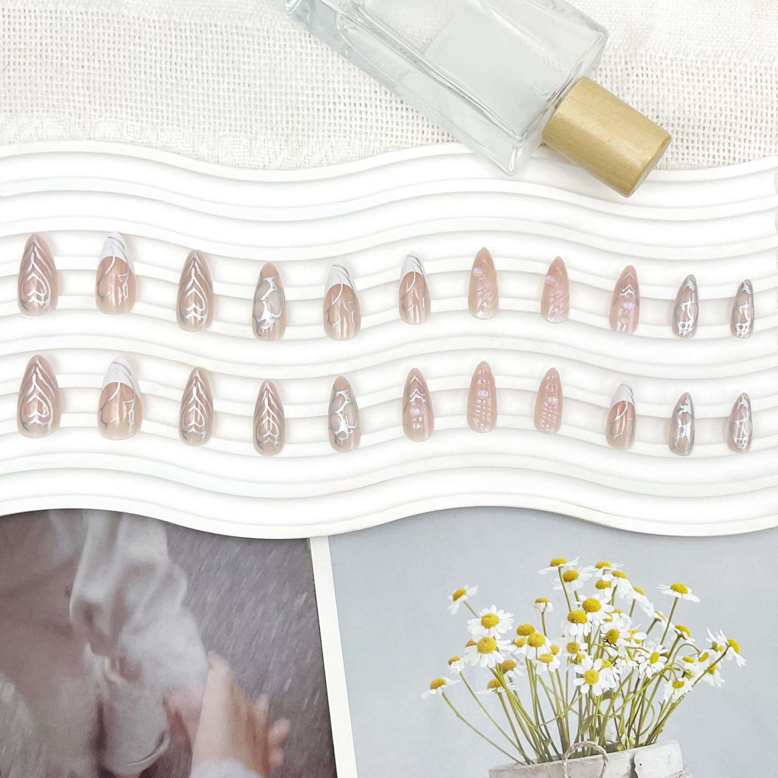 YOSOMMK Press on Nails Medium Almond Fake Nails Glossy Glue on Nails Silver 3D Swirl Acrylic Nails Artificial False Nails with Luxury Designs for Women - Image 6