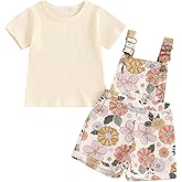 Lucikamy Toddler Baby Girls Summer Outfit Short Sleeve Ribbed Tops + Flower Suspender Overalls Shorts Set Kids Cute Clothes