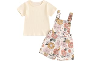 Lucikamy Toddler Baby Girls Summer Outfit Short Sleeve Ribbed Tops + Flower Suspender Overalls Shorts Set Kids Cute Clothes