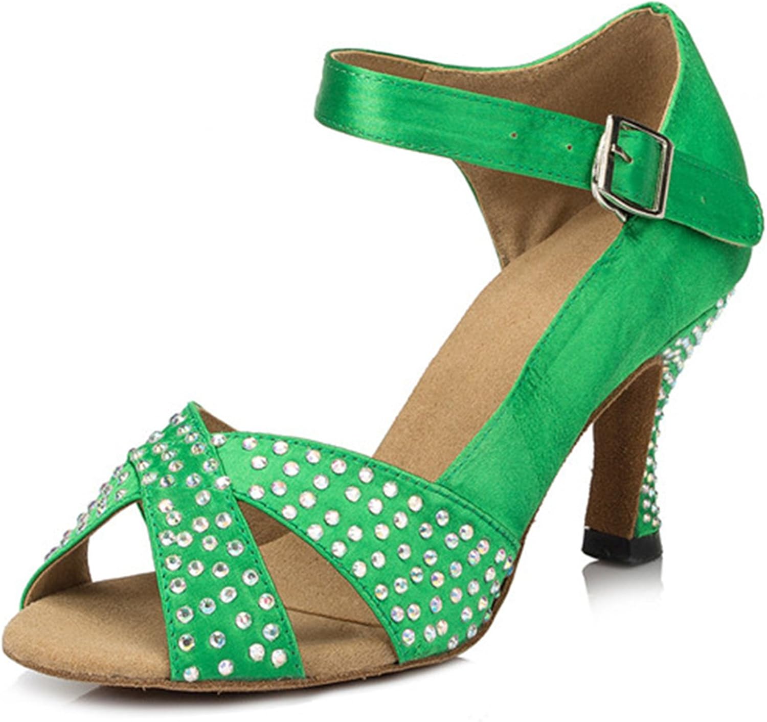 Shoesland W121 Women's Peep Toe Chunky Heel Rhinestone