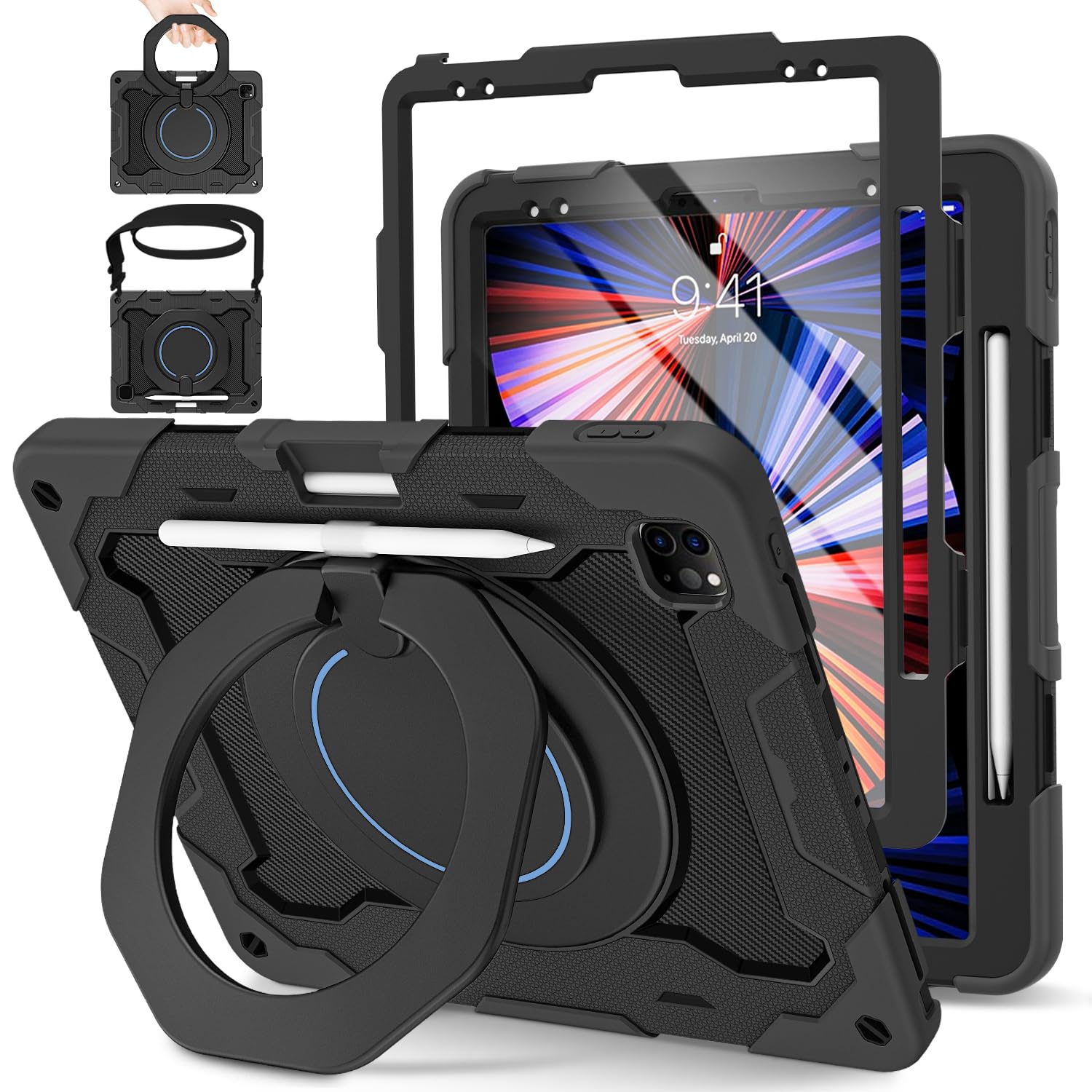 ROISKIN for iPad 12.9 Pro Case 6th/5th/4th/3rd Generation (2022/2021/2020/2018),Military Protective Cover for 12.9 inch with Screen Protector & Pencil Holder & Rotating Stand & Shoulder Strap — image 1