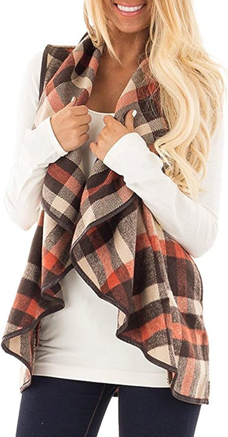 Yanekop Womens Lapel Sleeveless Open Front Hem Plaid Vest Cardigan Jacket With Pockets at  Women's Coats Shop