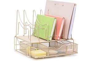 ARCOBIS Gold Desk File Organizer for Women, Desk Organizers and Accessories with Sliding Drawer & Vertical File Folder Sorters, Cute Desktop File Holder for Office Supplies