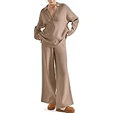 SUUKSESS Women 2 piece Fall outfits Long Sleeve Oversized Matching Lounge Set Waffle Knit Polo Sweater sets (Khaki,M)
