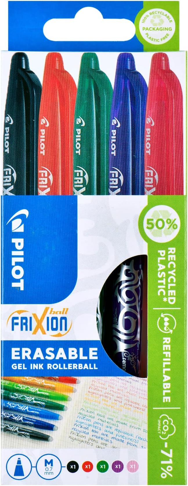 Pilot Frixion Erasable Rollerball 0.7 mm Pack of 5 Black Red Green Purple Pink
