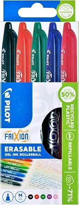 Pilot Frixion Erasable Rollerball 0.7 mm Pack of 5 Black Red Green Purple Pink