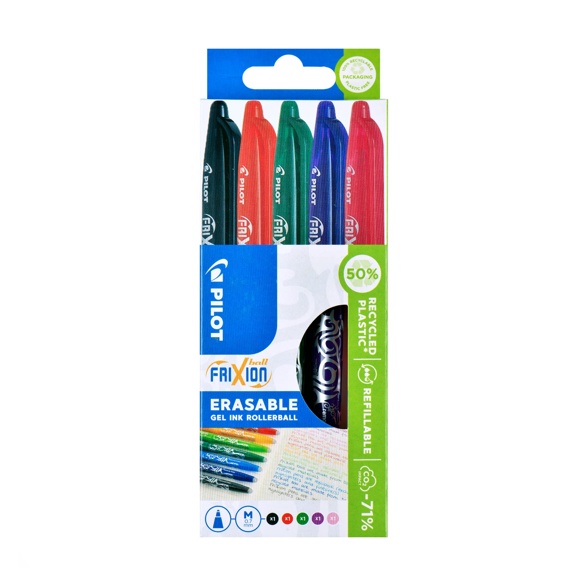 Pilot Frixion Erasable Rollerball, 0.7 mm - Black/Red/Green/Purple/Pink, Pack of 5