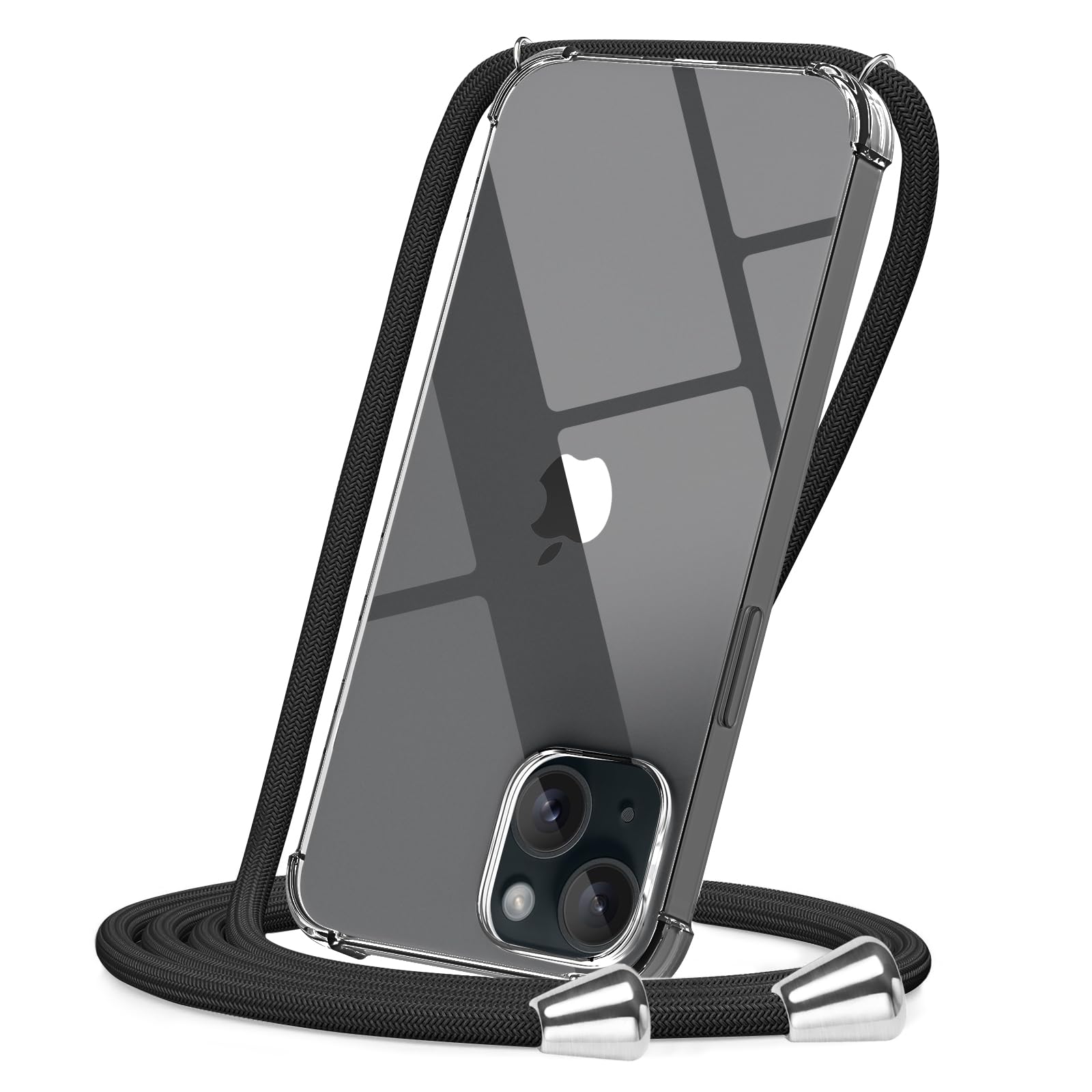CAROKI Crossbody Case for iPhone 15 6.1",Necklace Mobile Phone Cover with Cord Strap Clear Transparent TPU Soft iPhone 15 Cover Holder with Neck Cord Lanyard Strap-Black