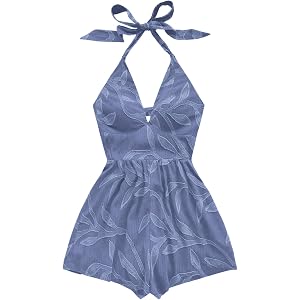 SOLY HUX Women's Summer Halter Rompers Deep V Neck Boho Short Jumpsuit | Backless, Sleeveless, Casual Beach Romper