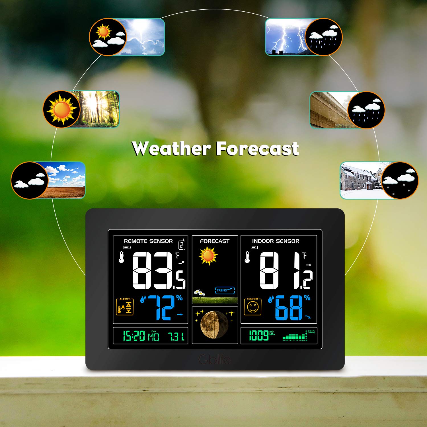GBlife Wireless Weather Station, Indoor Outdoor Thermometer Atomic Clock, Color Forecast Station with Remote Sensor/Humidity Temperature Monitor/Barometer/Temperature Alerts