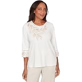Alfred Dunner Women's Embellished Leaf Ruffle Sleeve Top