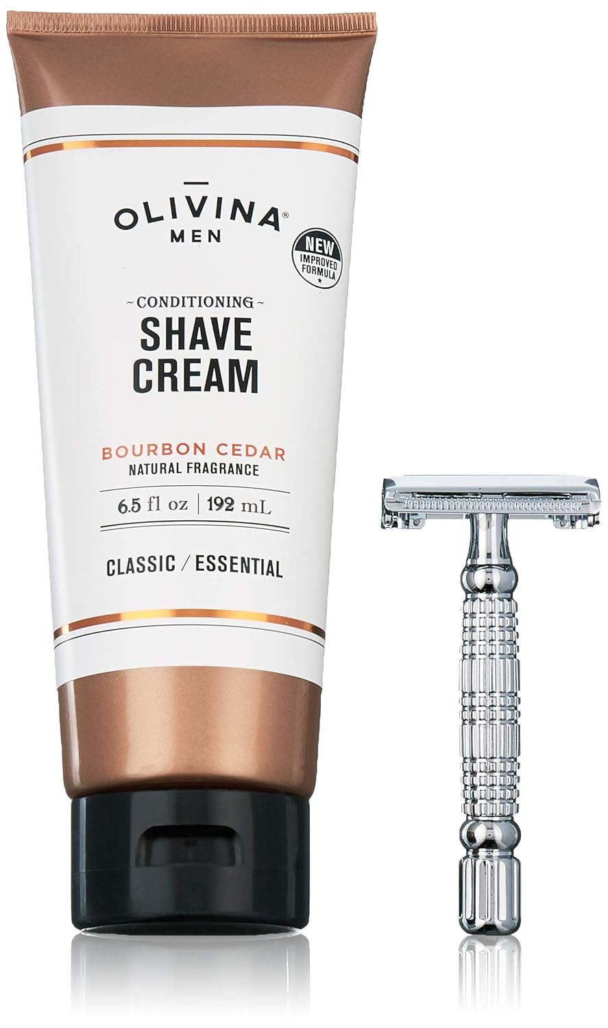 Olivina Men Conditioning Shaving Cream & Safety Razor Kit, Bourbon Cedar Beauty