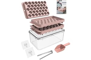 BEGIALO Ice Cube Tray, Round Ice Trays for Freezer with Lid and Bin, Circle Ice Mold Making 66 x 1.0IN Small Ice Balls,Sphere Ice Makers with Ice Buckets Tongs & Scoop (Pink)