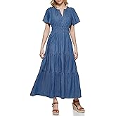 Tommy Hilfiger Womens Short Sleeve V-Neck Tiered Midi Dress