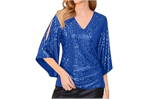 SINZELIMIN Womens Sequin Shirts 3/4 Sleeves V-Neck Glitter Sparkly Party Blouse Tops Dressy Shirts T-Shirt for Evening Party