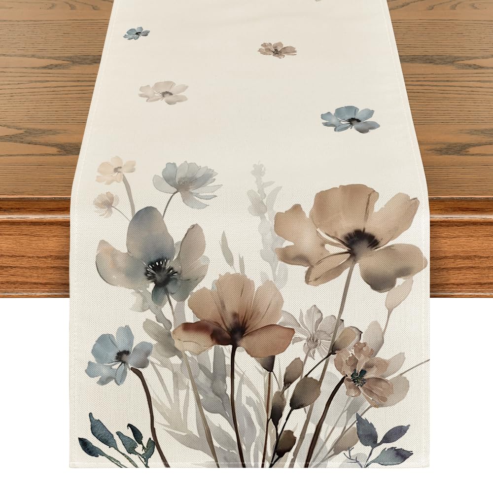 Photo 1 of Artoid Mode Brown Poppy Floral Leaves Spring Table Runner, Seasonal Summer Kitchen Dining Table Decoration for Home Party Decor 13x90 Inch