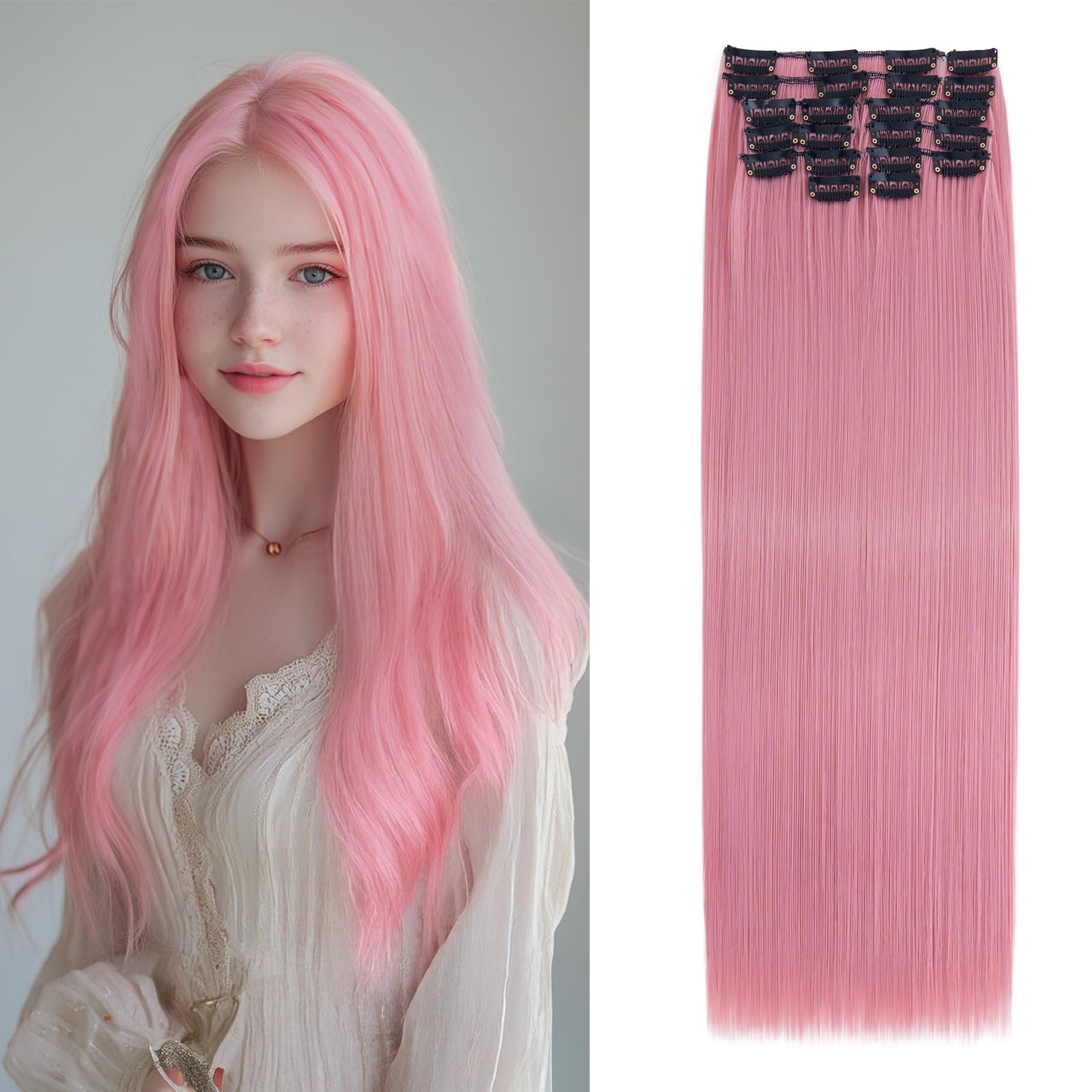 Benehair 22" Clip in Hair Extensions 12 Pcs Long Straight Hair Extensions Clip in Synthetic Fiber Full Head Natural Extension Pink Hair Piece for Women(Pink, 180g) — image 1