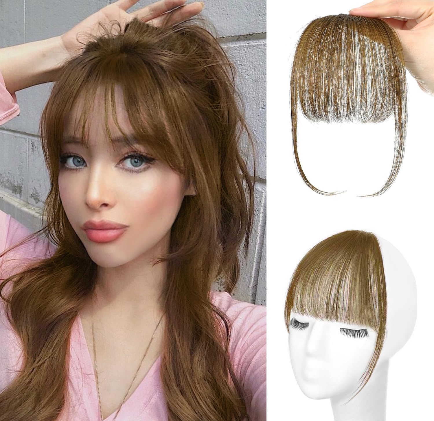 Photo 1 of **VERY SMALL & THIN**  Clip In Bangs 100% Human Hair Bangs Wispy Light Brown Clip In Bangs Fringe with Temples Real Human Hair Fake Bangs Extensions for Women Daily Wear