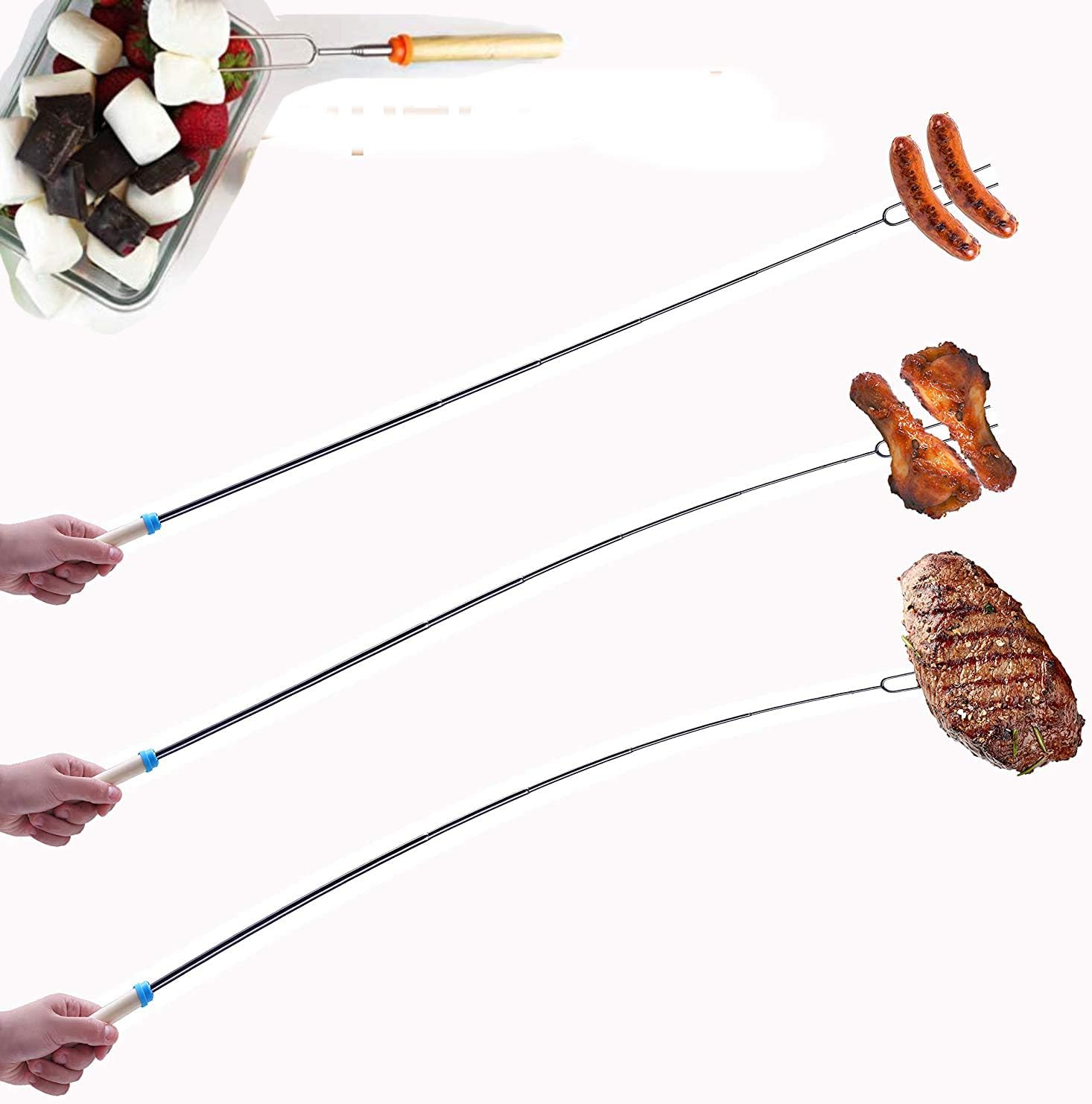 Marshmallow Roasting Smores Sticks 32-inch Wooden Handle Extendable Sturdy Stainless Steel Roasting Forks for BBQ, Campfire, Hot Dog, Telescoping Camping Safe for Kids 8 Pcs Sticks with Storage Bag : Garden & Outdoor