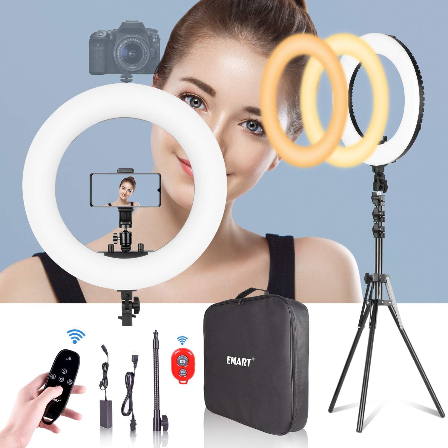 Emart 18-inch Ring Light with Stand, Big Adjustable 3200-5500K LED Lights Ring with Ultra-wide Lighting Area for Camera Photography, YouTube Videos, Makeup (Kit: Phone Holder, Remote, Soft Tube, etc.) : Camera & Photo