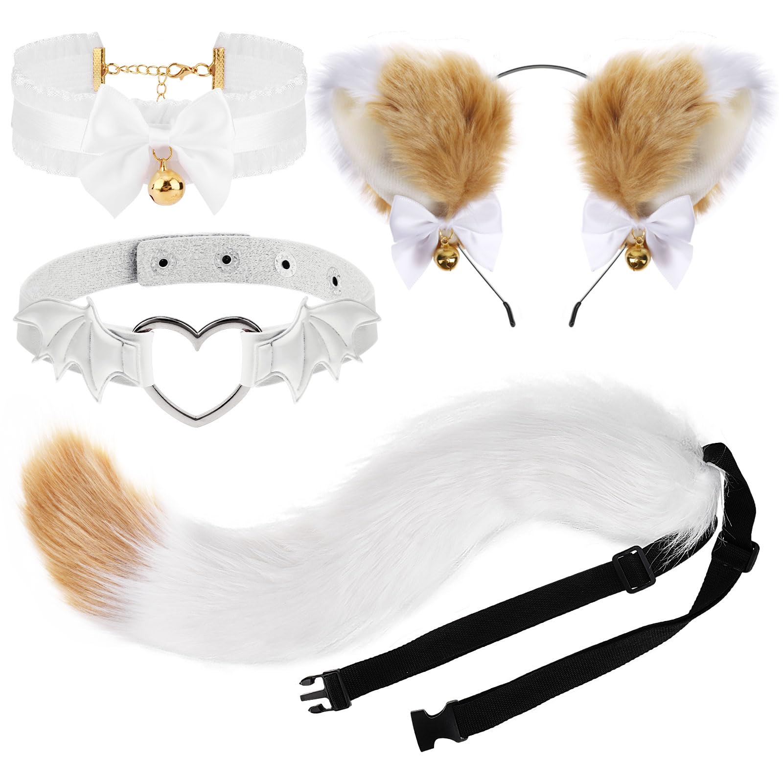 XEPST Cat Cosplay Costume Set Cat Ears and Animal Tail Kit, Faux Fur Furry Fox Wolf Tail Kit with Ears and Bells Choker for Anime Fancy Dress Party Halloween Dress Up Carnival Role Play