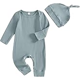 Murnouche Newborn Baby Boy Clothes Coming Home Outfit Ribbed Romper with Hat Bodysuit Jumpsuit