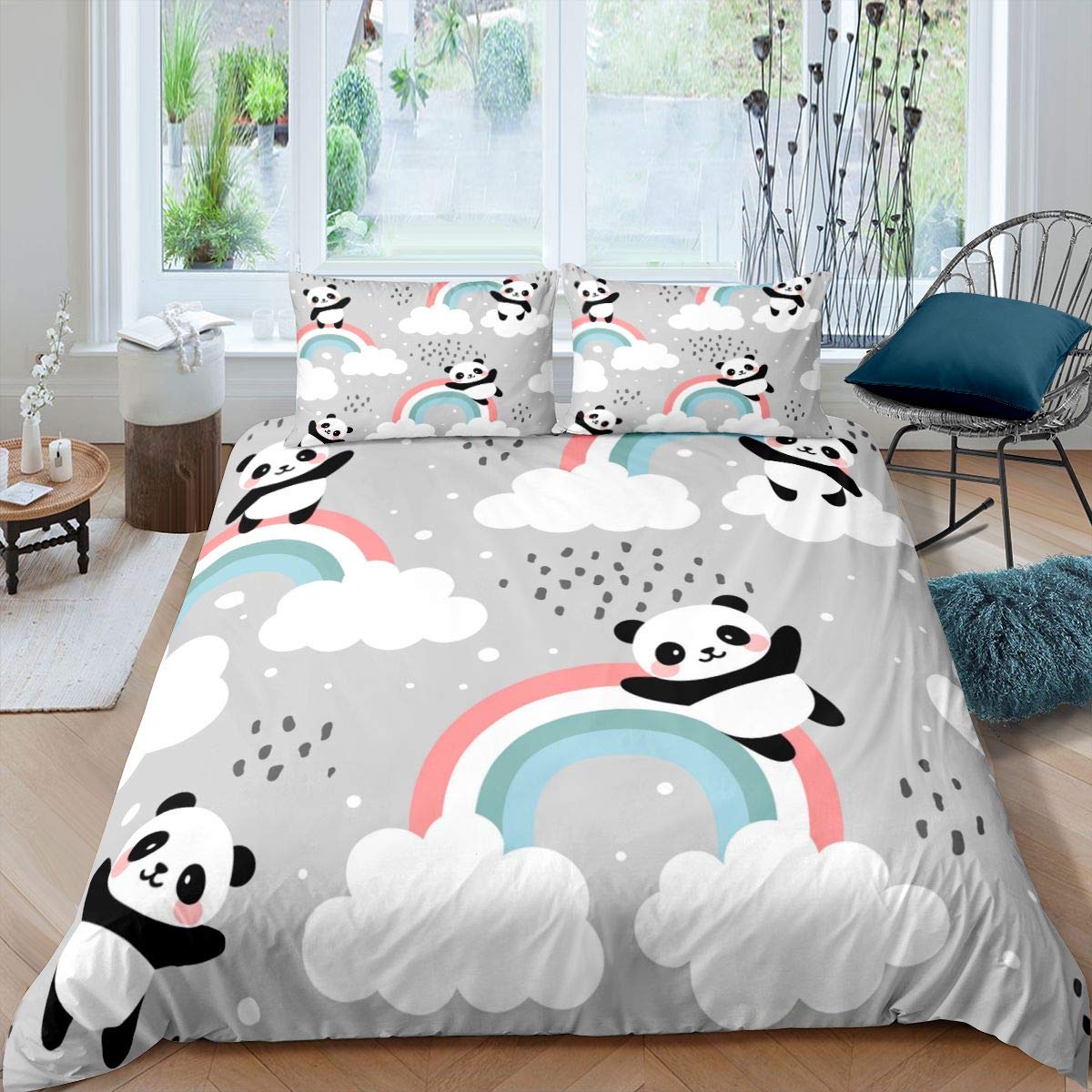 Loussiesd Panda Bedding Set Kids Cute Animal Pattern Duvet Cover For Children Girls Panda Bear Printed Comforter Cover Boys Cartoon Giant Panda Bedspread Bedroom Decor Quilt Cover 3Pcs Double Size