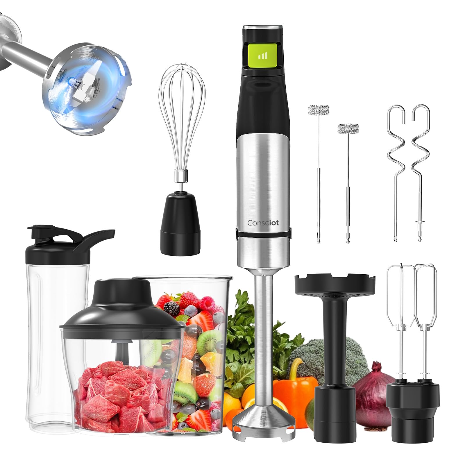 Photo 1 of Consciot 10-in-1 Immersion Blender Handheld Max 1100W with Entire Stainless Steel Blender Shaft, Trigger Speed Control, 800ml Beaker, 600ml Chopper, Beaters, Frothers, Hooks, Masher, Whisk & 600ml Cup