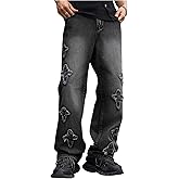 BEAUDRM Men's Y2k Baggy Jeans Low Rise Patch Wide Leg Hip Hop Streetwear Grunk Punk Embroidery Sweatpant Jeans
