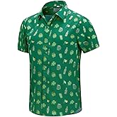ENVMENST Mens St.Patrick's Day Shirt Irish Clover Printed Casual Short Sleeve Hawaiian Button Up Shirts