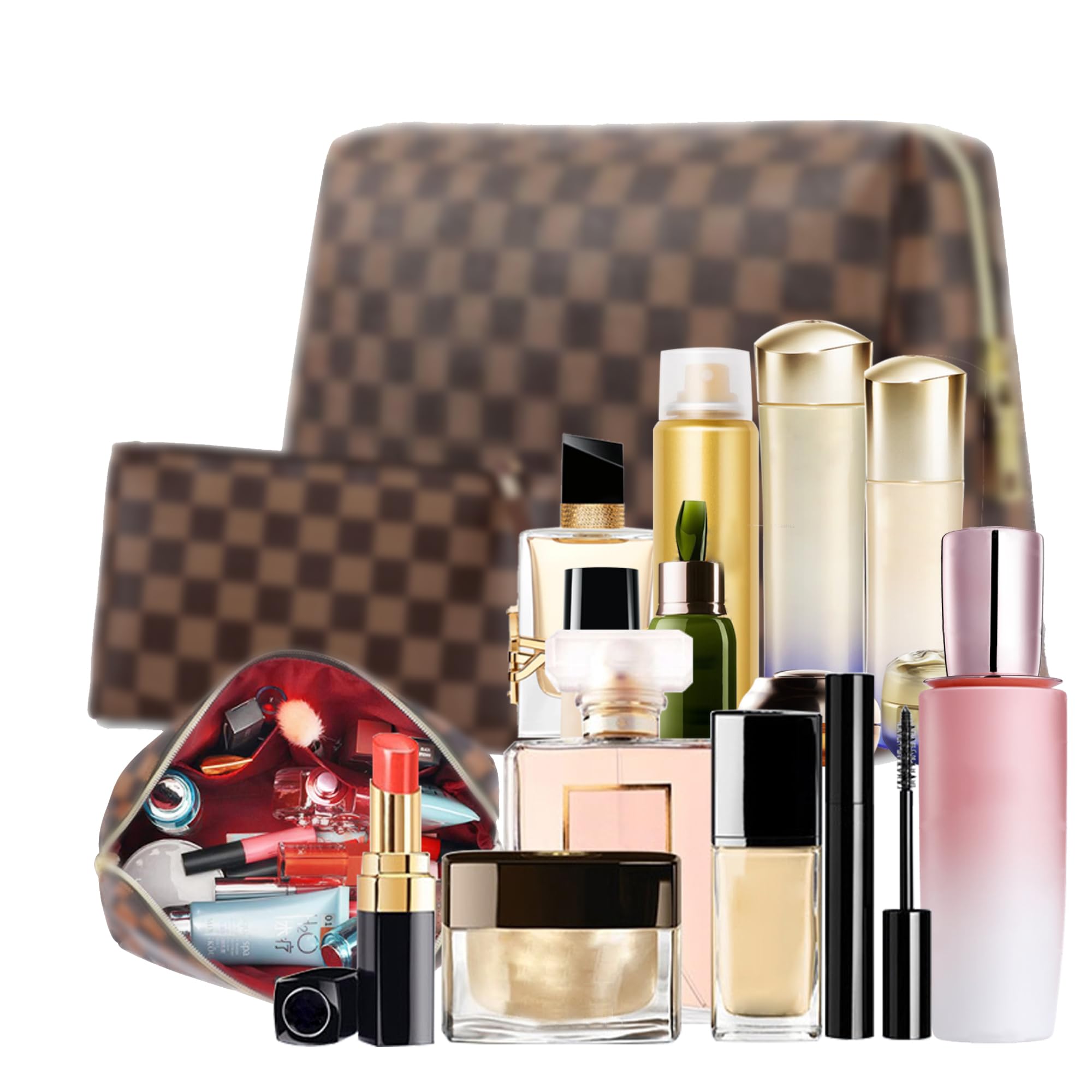View 1 of 2 Pack Makeup Bag Set for Women, Large Brown Leather Cosmetic Bag + Small Zipper Pouch, Water-Resistant Travel Toiletry Organizer with Smooth Metal Zipper, Stylish Storage for Daily Use & Gift