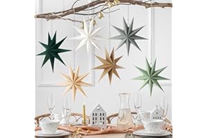 ReliThick 6 Pcs Star Paper Lanterns 12 Inch 9 Pointed Christmas Hanging Lamp Neutral Sage Green Christmas Ornaments Vintage Farmhouse Paper Decorations Xmas Party Decorations